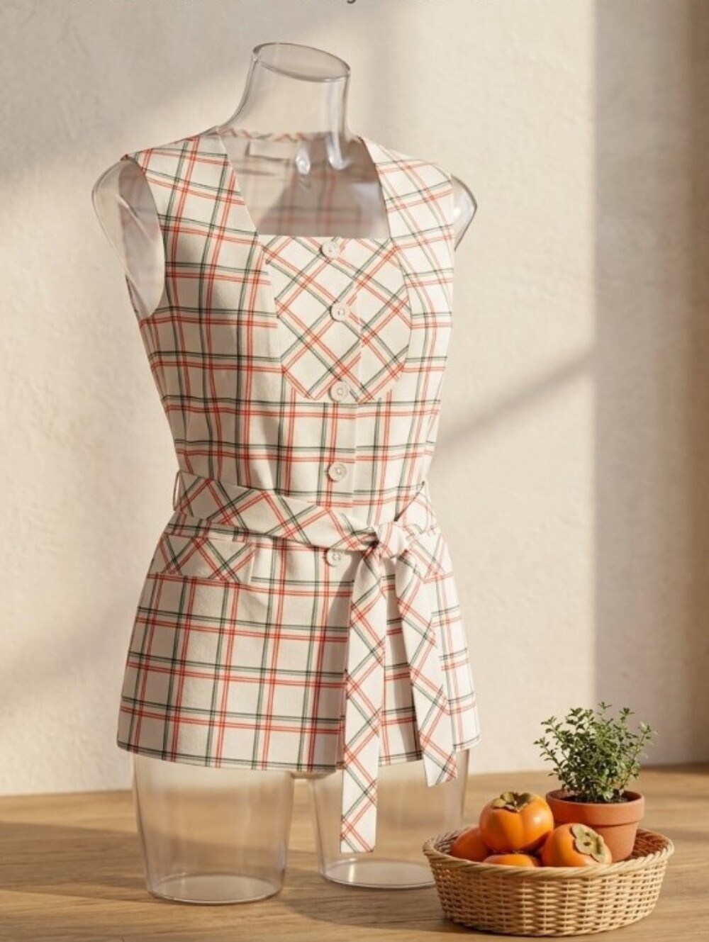 Jantzen White Plaid Top with Red and Green Stripe Accents